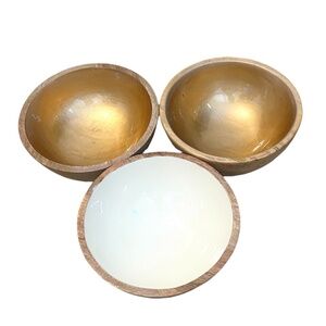 SET OF 3 NAPASTYLE MANGO WOOD BOWL PLAIN WHITE & GOLD ENAMEL INSIDE